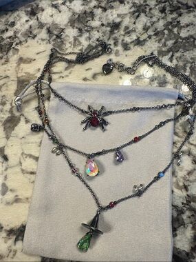 HalloweenGunmetal Multi-Charm Layered Necklace with Red Spider and Green Pendant